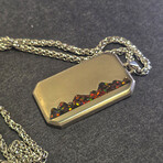 Titanium Dog Tag Pendant // Black Fire Opal, Green UV, Mountain Design (23"L Necklace)