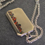 Titanium Dog Tag Pendant // Black Fire Opal, Green UV, Mountain Design (23"L Necklace)