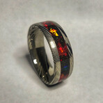 Damascus Steel Band // Crimson Red Opal, Meteorite Dust // 8mm Width (7.5)