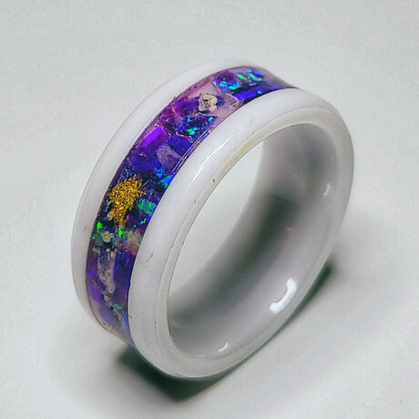 White Ceramic Ring // Opal 24k Gold Leaf Lavendar UV Glow // 8mm Width (5)