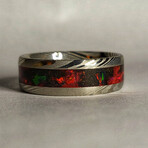 Damascus Steel Band // Crimson Red Opal, Meteorite Dust // 8mm Width (7.5)