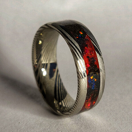 Damascus Steel Band // Crimson Red Opal, Meteorite Dust // 8mm Width (5)