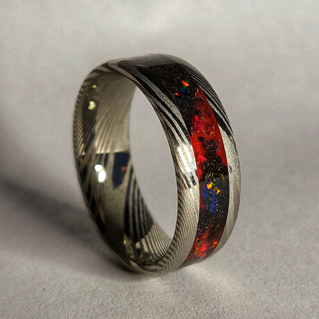 Damascus Steel Band // Crimson Red Opal, Meteorite Dust // 4mm Width (5)
