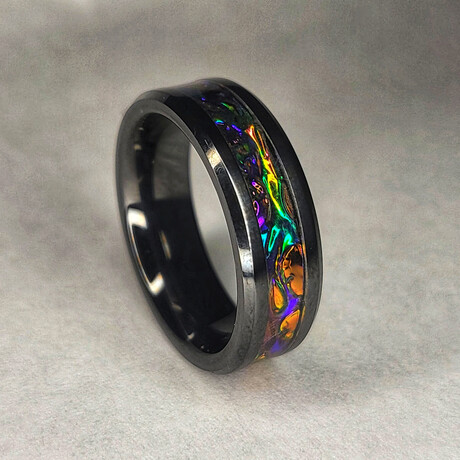 Black Carbide Ring // with Fire Burl Dichrolam Inlay // 4mm Width (5)