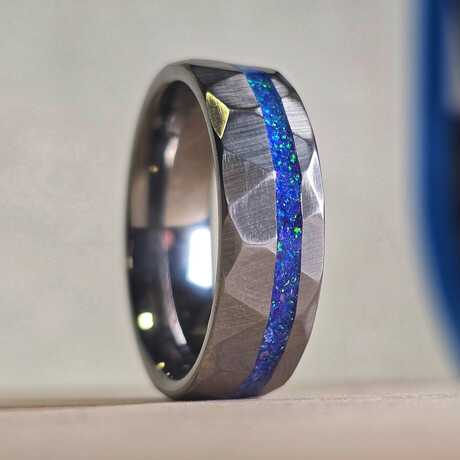 Hammered Tungsten Ring Offset // with Blue Fire Opal // 4mm Width (5)