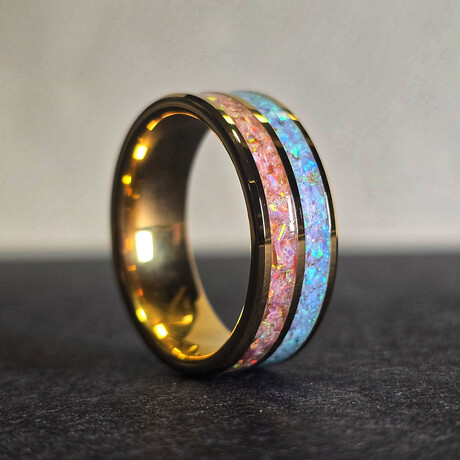 24kt Gold Plated Tungsten Ring // White Opal & Turquoise Double Channel (5)