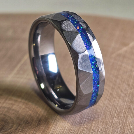 Hammered Tungsten Ring Offset // with Blue Fire Opal // 8mm Width (5)