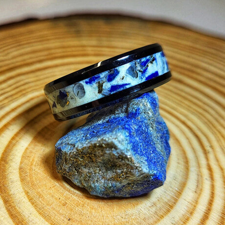Black Ceramic Inlay Ring // with Lapis Lazuli and Moonstone // 8mm Width (5)