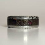 Damascus Steel Ring // Black Fire Opal + Meteorite Shavings // 4mm Width (7)