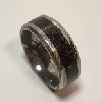Damascus Steel Ring // Black Fire Opal + Meteorite Shavings // 4mm Width (7)