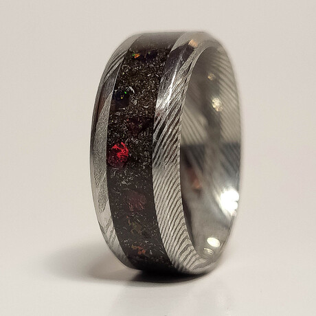 Damascus Steel Ring // Black Fire Opal + Meteorite Shavings // 4mm Width (5)
