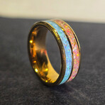 24kt Gold Plated Tungsten Ring // White Opal & Turquoise Double Channel (7.5)