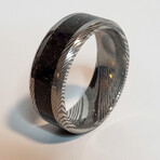 Damascus Steel Ring // Black Fire Opal + Meteorite Shavings // 4mm Width (7)