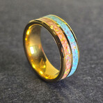 24kt Gold Plated Tungsten Ring // White Opal & Turquoise Double Channel (7.5)
