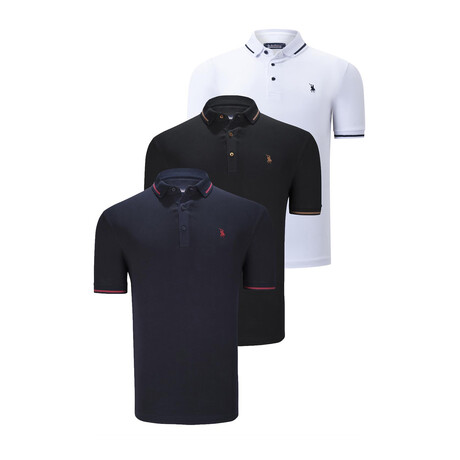 Set of 3 Tipped Polo Shirt // Dark Blue + White + Black (S)