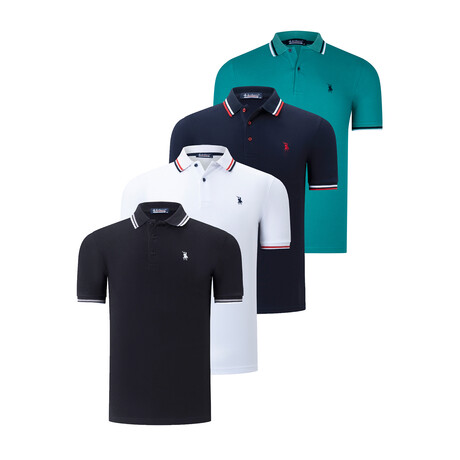 Set of 4 Tipped Polo Shirt // Black + White + Dark Blue + Turquoise (S)