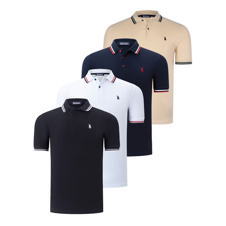 Set of 4 Tipped Polo Shirt // Black + White + Dark Blue + Beige (S)