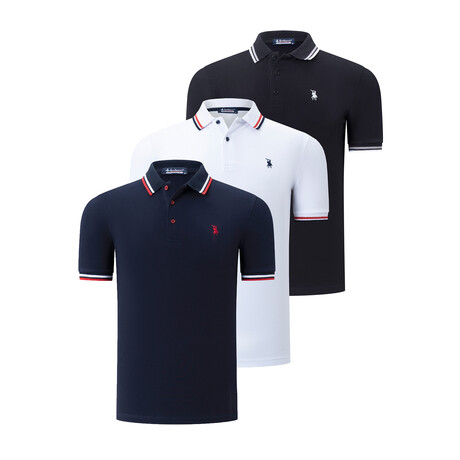 Set of 3 Tipped Polo Shirt // Black + White + Dark Blue (S)