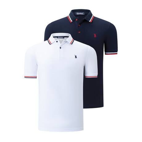 Set of 2 Tipped Polo Shirt // White + Dark Blue (S)