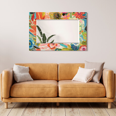 Secret Garden Floral III Rectangular Beveled Mirror on Free Floating Reverse Printed Tempered Art Glass