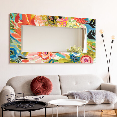 Secret Garden Floral III Rectangular Beveled Leaner Mirror on Free Floating Reverse Printed Tempered Art Glass