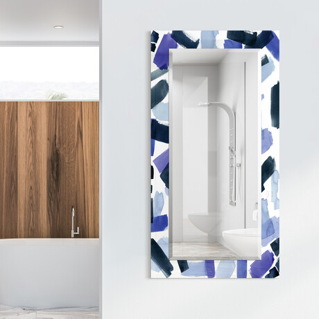 Cerulean StrokesRectangular Beveled Mirror on Free Floating Reverse Printed Tempered Art Glass