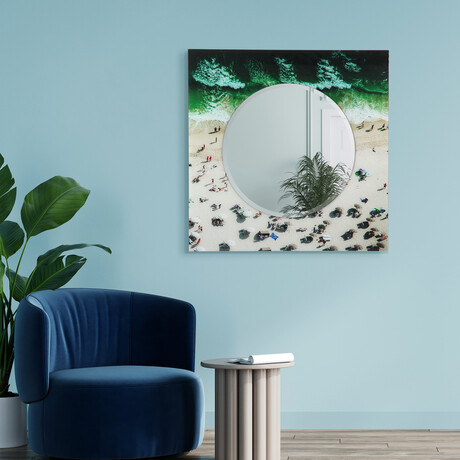 Beach Round Beveled Mirror on Square Free Floating Reverse Printed Tempered Art Glass