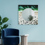 Beach Round Beveled Mirror on Square Free Floating Reverse Printed Tempered Art Glass