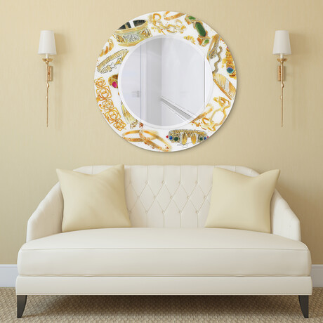 Gold Charm Round Beveled Mirror on Free Floating Reverse Printed Tempered Art Glass