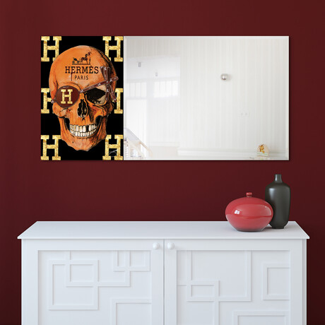 Designer Skull Rectangular Beveled Mirror on Free Floating Reverse Printed Tempered Art Glass