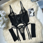 Noir Enchantress Embroidered Lace Bodysuit Set // Black // Set of 3 (L)