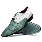 Pissa // Caiman + Belly Lizard Ring Leather Derbys // Teal + White (US: 7)