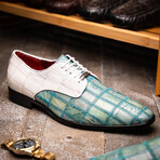 Pissa // Caiman + Belly Lizard Ring Leather Derbys // Teal + White (US: 7)