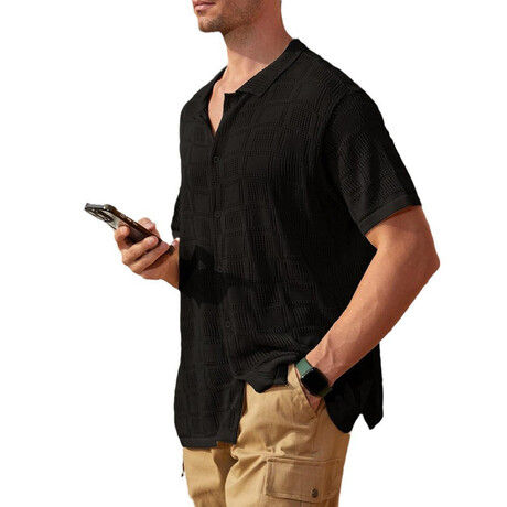 Check Knit Button-Up Shirt // Black (XS)