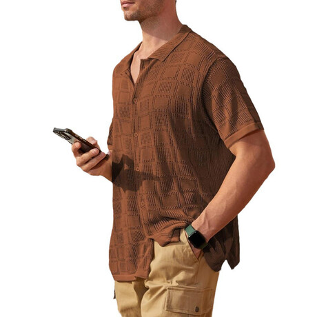 Check Knit Button-Up Shirt // Caramel (XS)