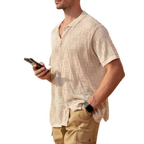 Check Knit Button-Up Shirt // Khaki (XS)