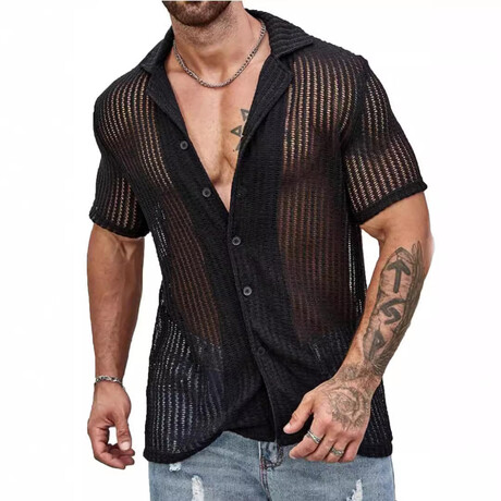 Sheer Knit Button-Up Shirt // Black (XS)