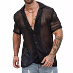 Sheer Knit Button-Up Shirt // Black (M)