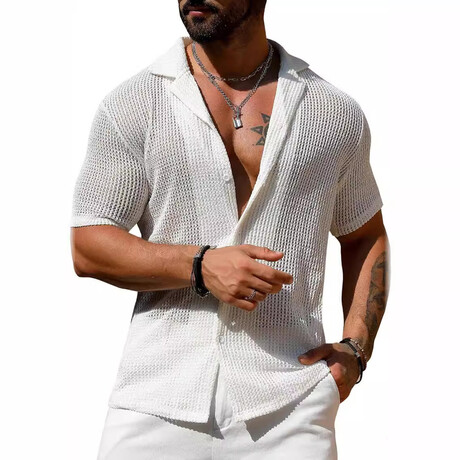 Sheer Knit Button-Up Shirt // White (XS)