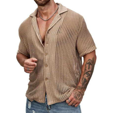 Sheer Knit Button-Up Shirt // Khaki (XS)