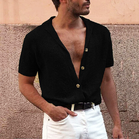 Knit Camp Collar Button-Up Shirt // Black (XS)