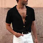 Knit Camp Collar Button-Up Shirt // Black (2XL)