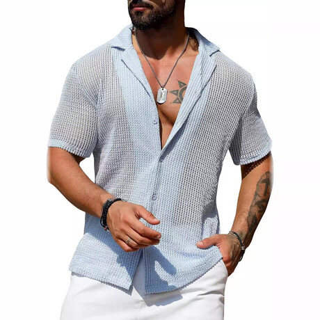 Sheer Knit Button-Up Shirt // Light Blue (XS)
