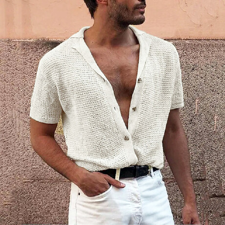 Knit Camp Collar Button-Up Shirt // White (XS)