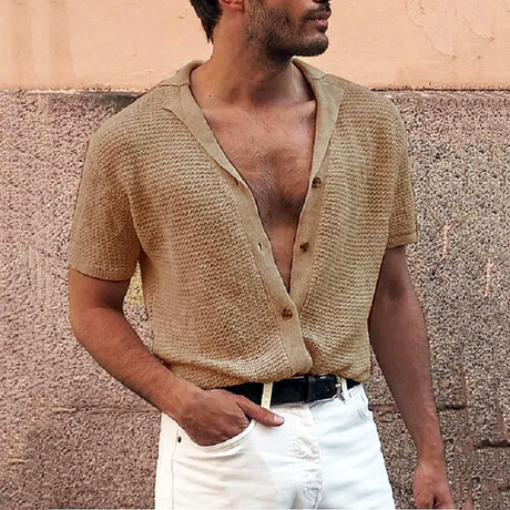 Knit Camp Collar Button-Up Shirt // Khaki (XS)