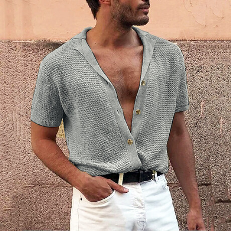Knit Camp Collar Button-Up Shirt // Gray (XS)