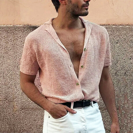 Knit Camp Collar Button-Up Shirt // Pink (XS)