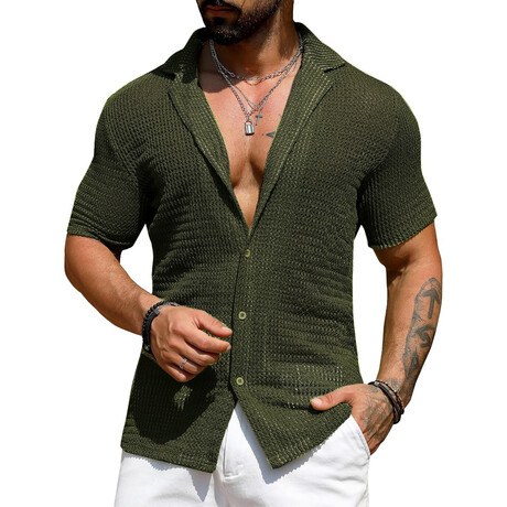 Sheer Knit Button-Up Shirt // Army Green (XS)