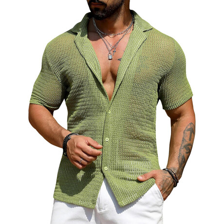 Sheer Knit Button-Up Shirt // Light Green (XS)