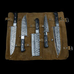 Hand Forged Set Of 5 Damascus Chef Knives // Micarta with Steel Bolster